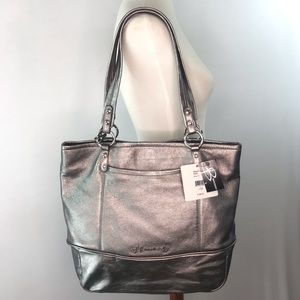 b. makowsky Pewter Metallic Leather XL Tote Bag NWT